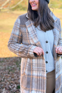 Plaid Brushed Long Coat - Macchiato