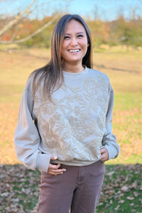 Tonal Floral Embroidered Sweatshirt - Taupe