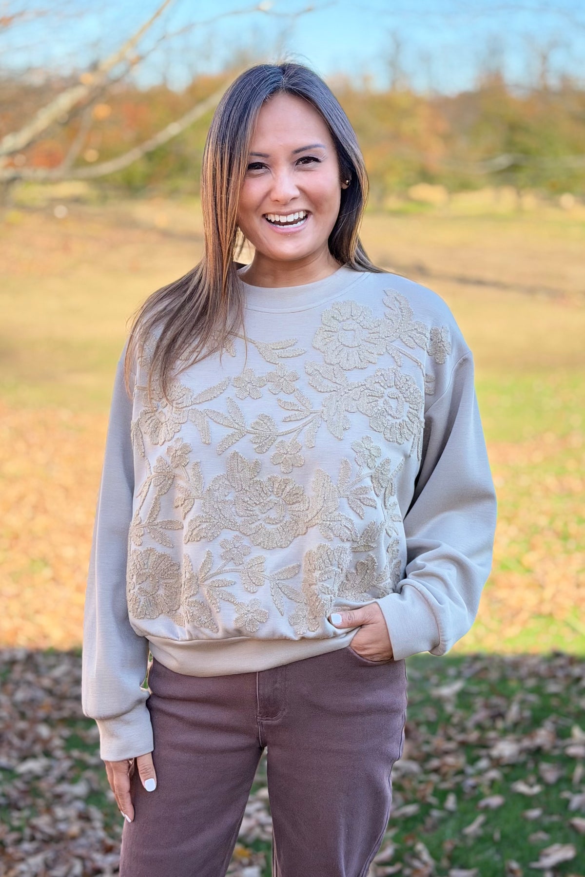 Tonal Floral Embroidered Sweatshirt - Taupe