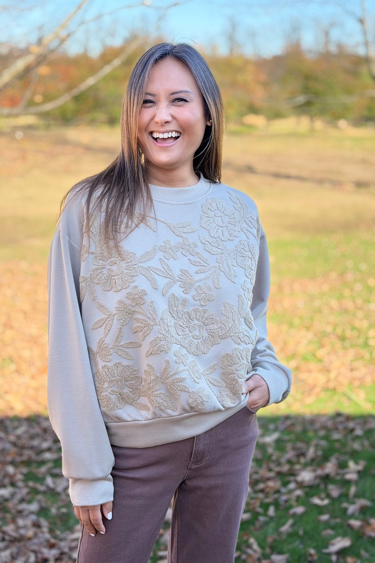 Tonal Floral Embroidered Sweatshirt - Taupe