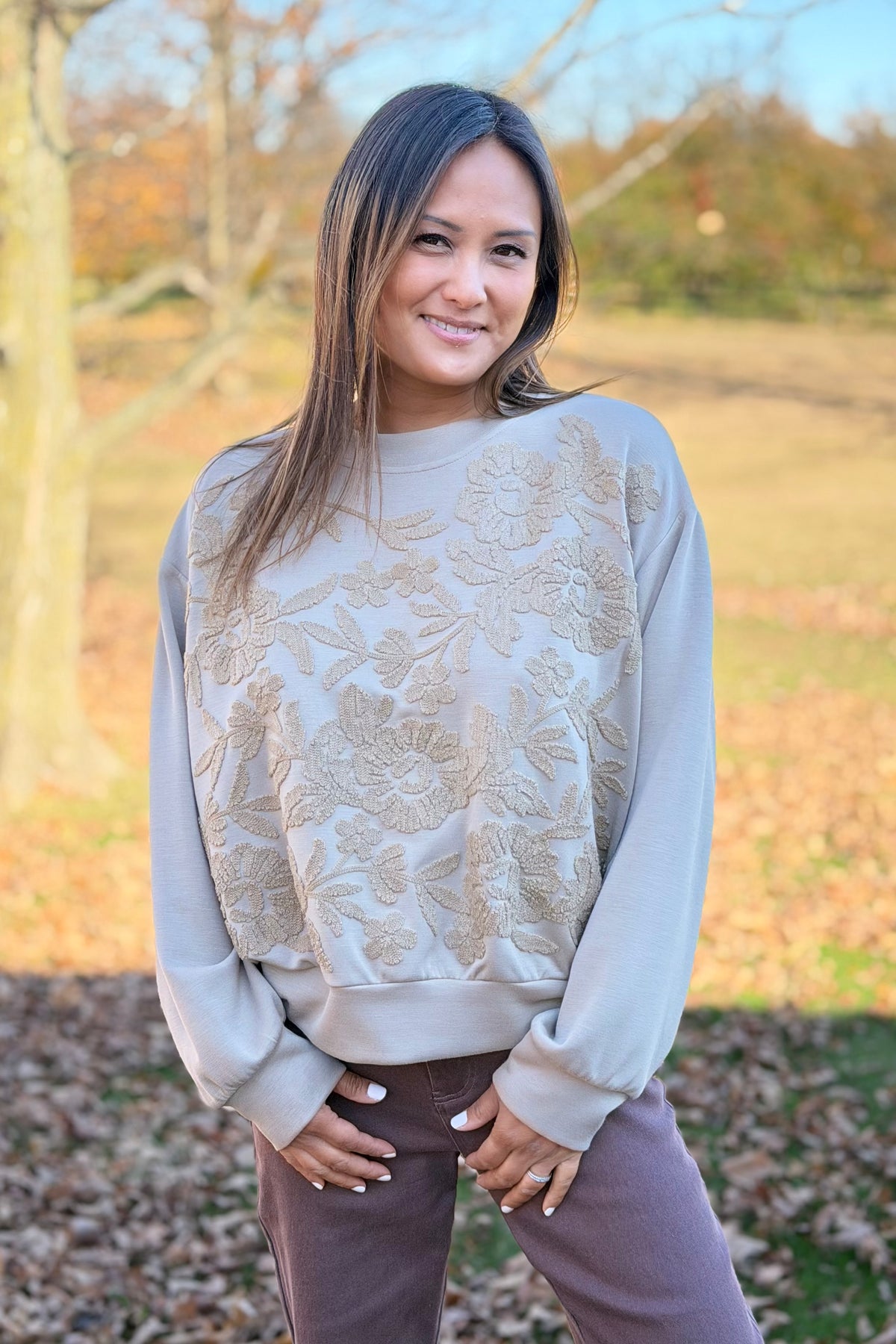 Tonal Floral Embroidered Sweatshirt - Taupe