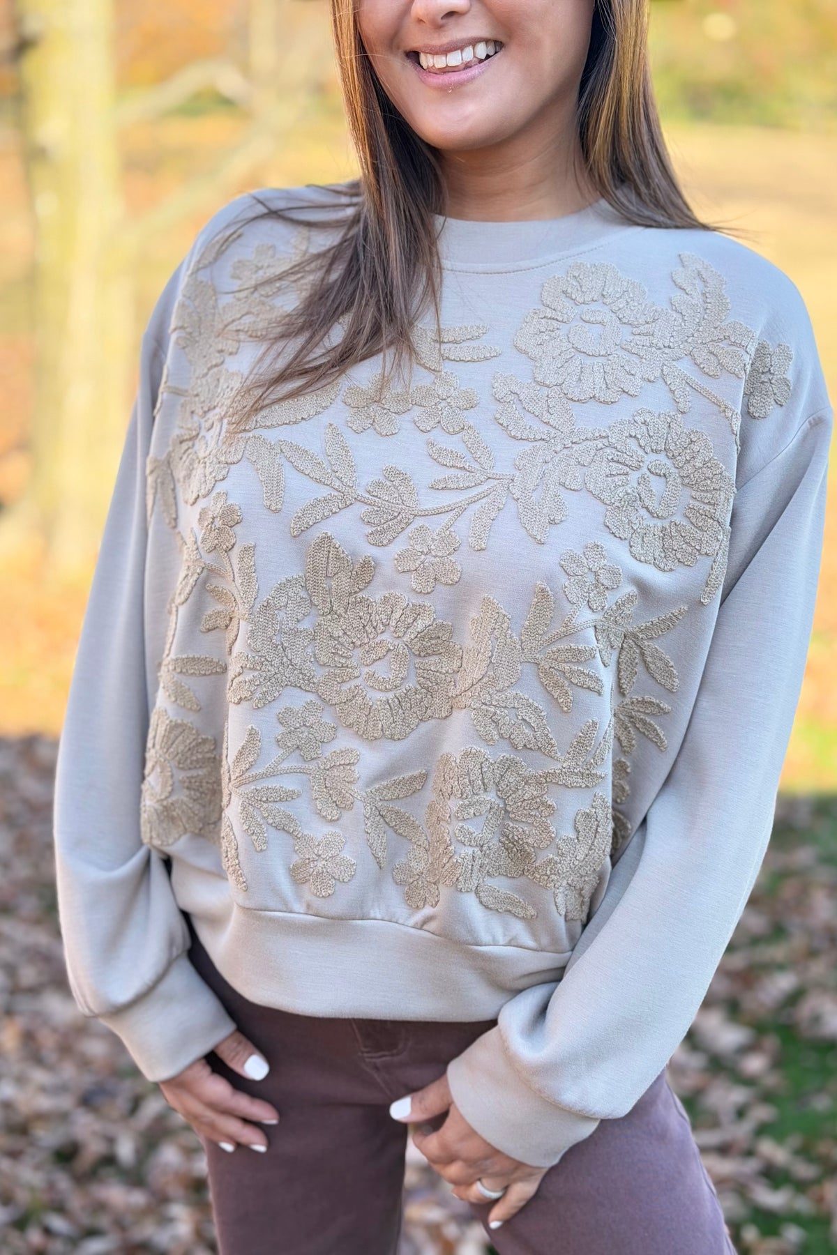 Tonal Floral Embroidered Sweatshirt - Taupe
