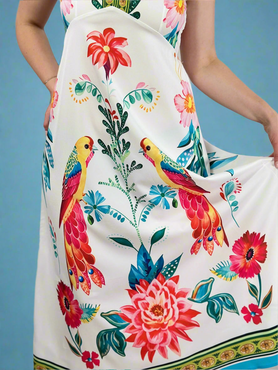 Colorful floral and bird pattern dress