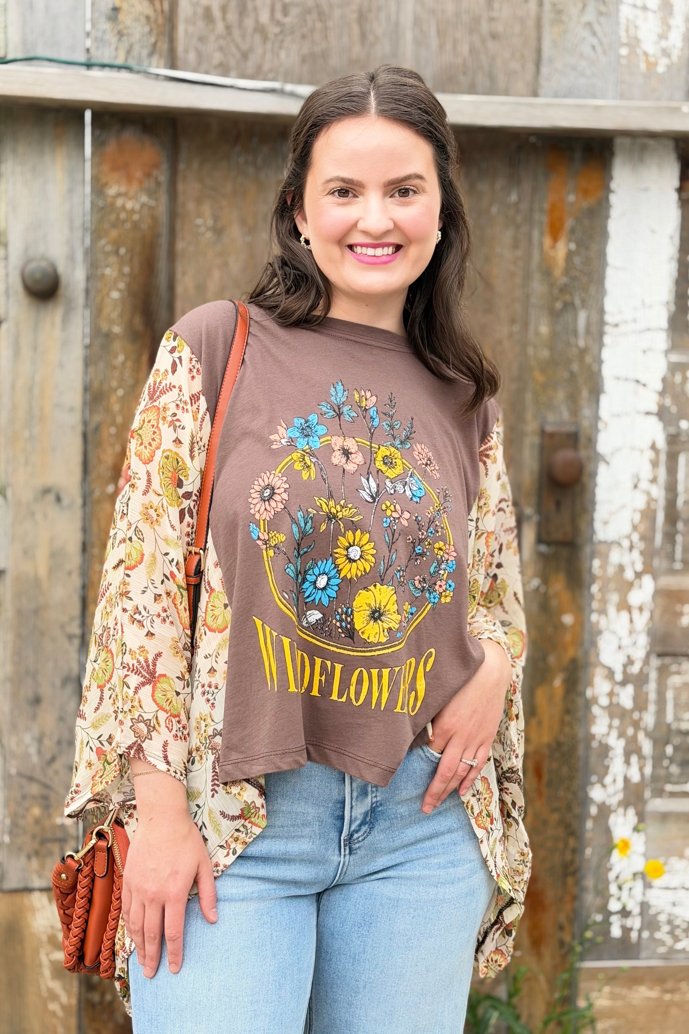 Graphic Boho Top Wildflowers - Brown