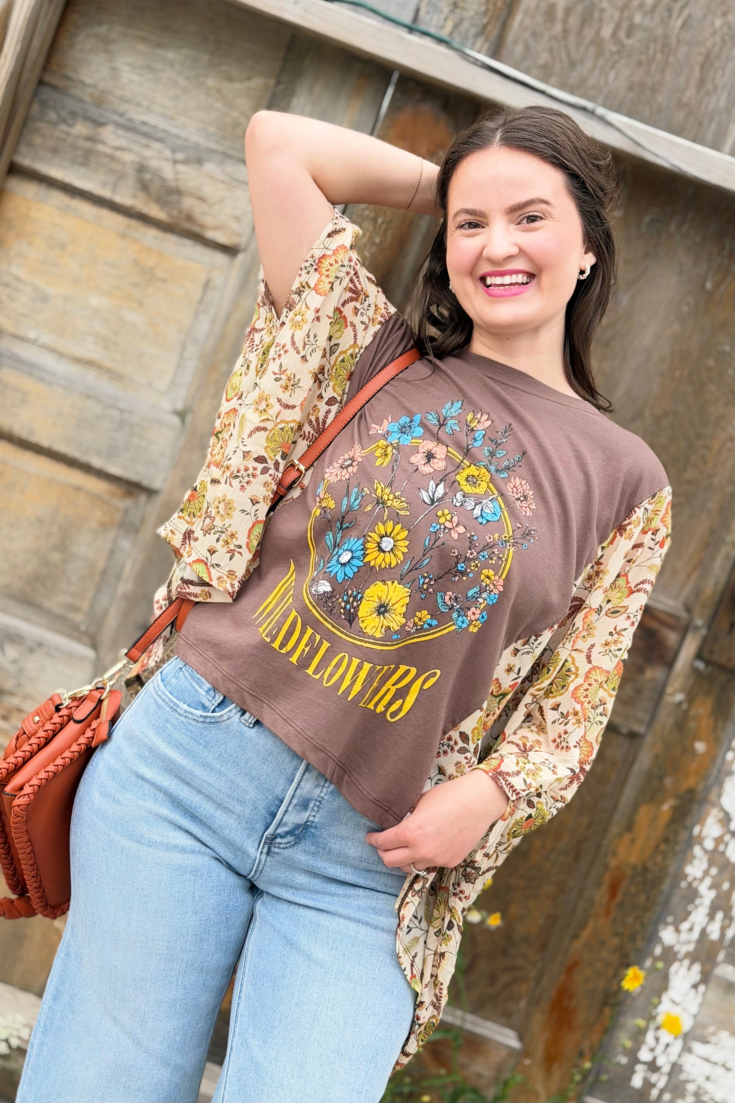 Graphic Boho Top Wildflowers - Brown