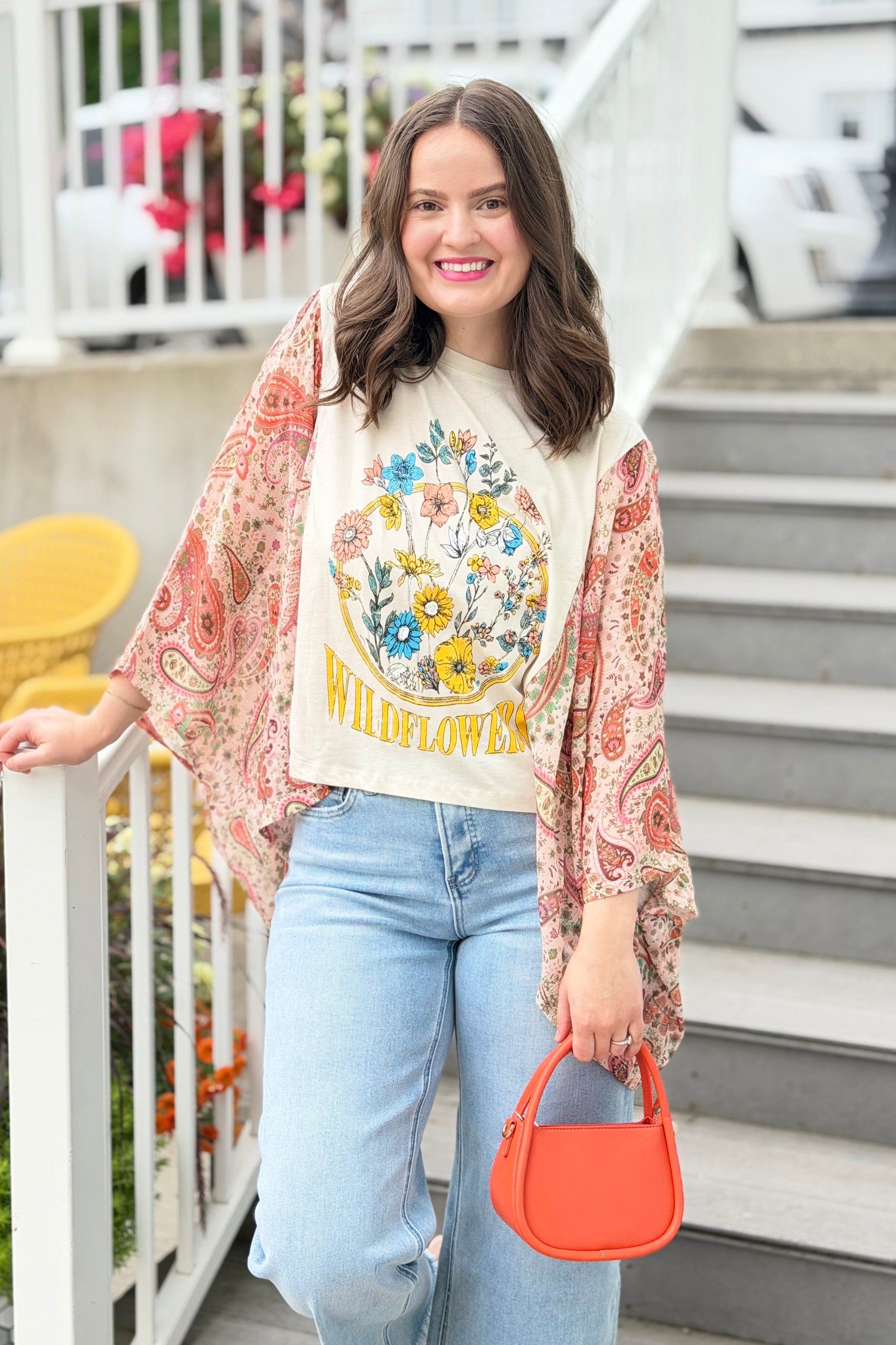Graphic Boho Top Wildflowers - White