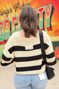 Split Neck Stripe Sweater - Black