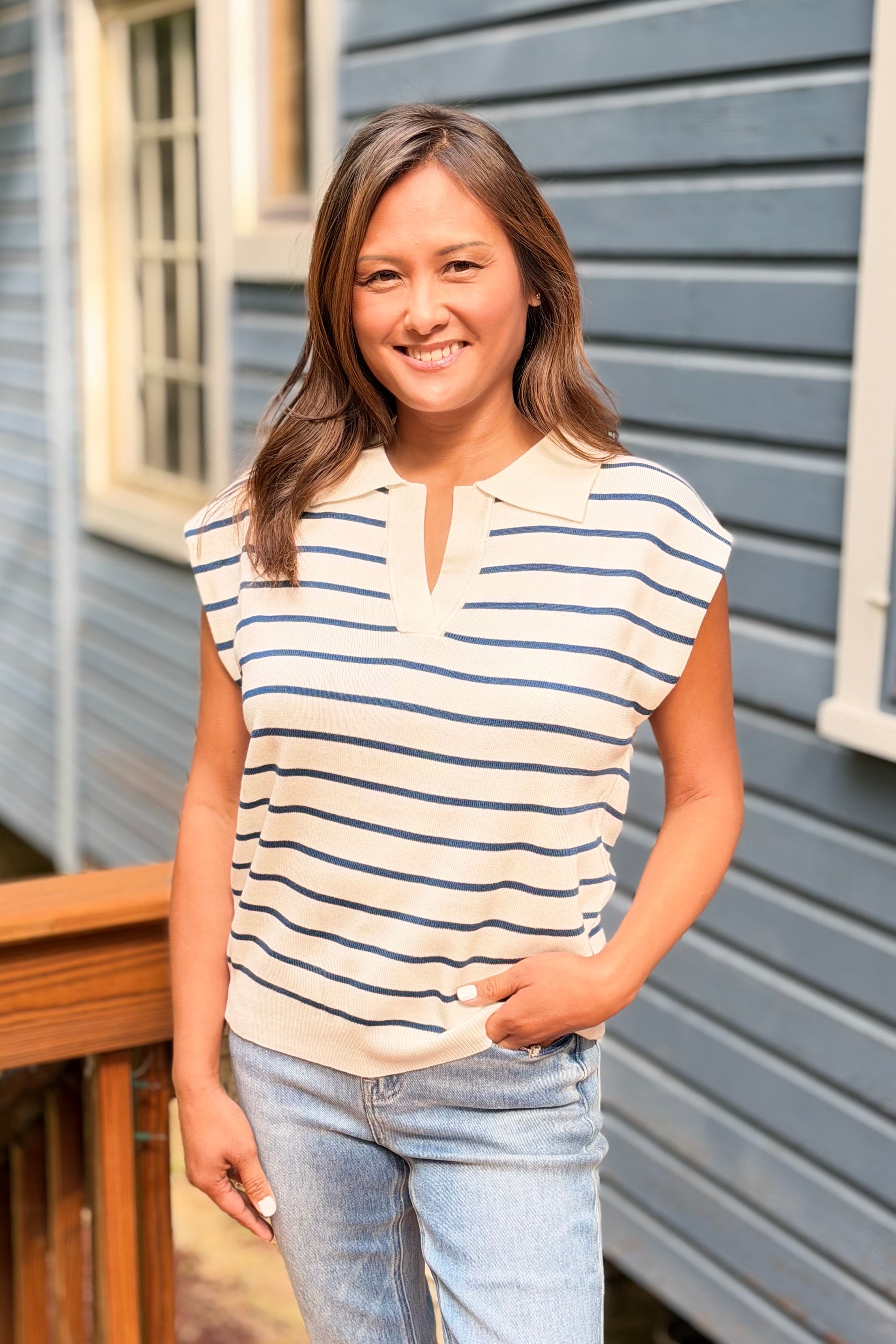 Striped Collared Sweater Vest - Navy
