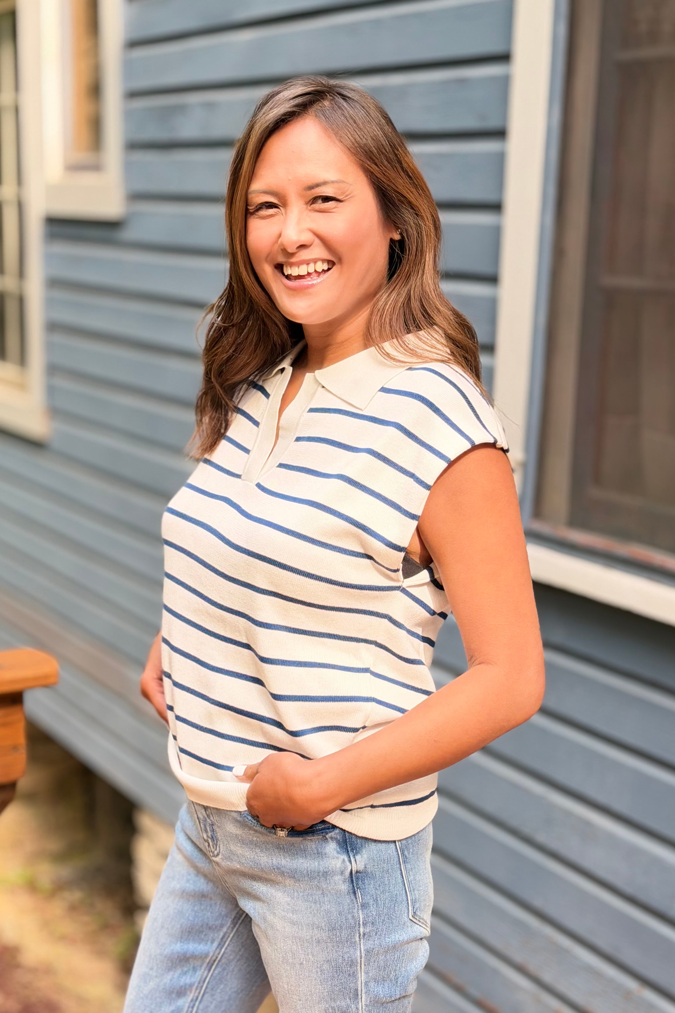 Striped Collared Sweater Vest - Navy