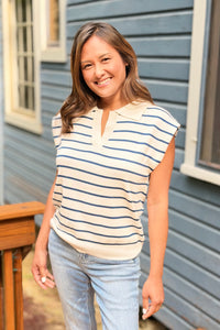 Striped Collared Sweater Vest - Navy