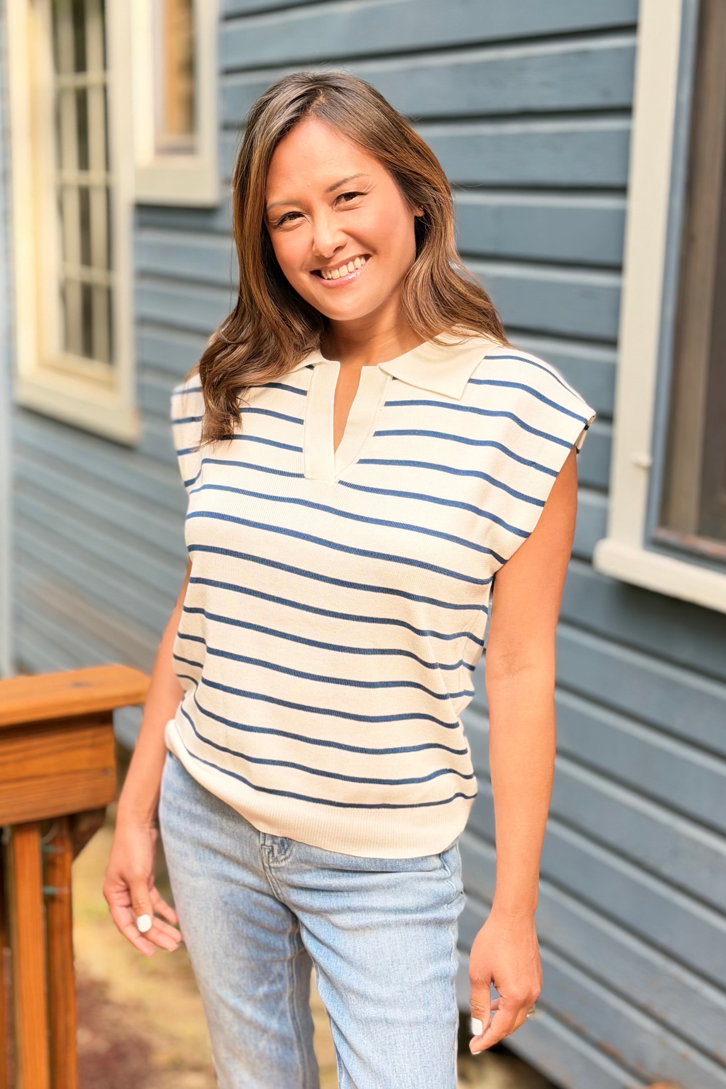 Striped Collared Sweater Vest - Navy
