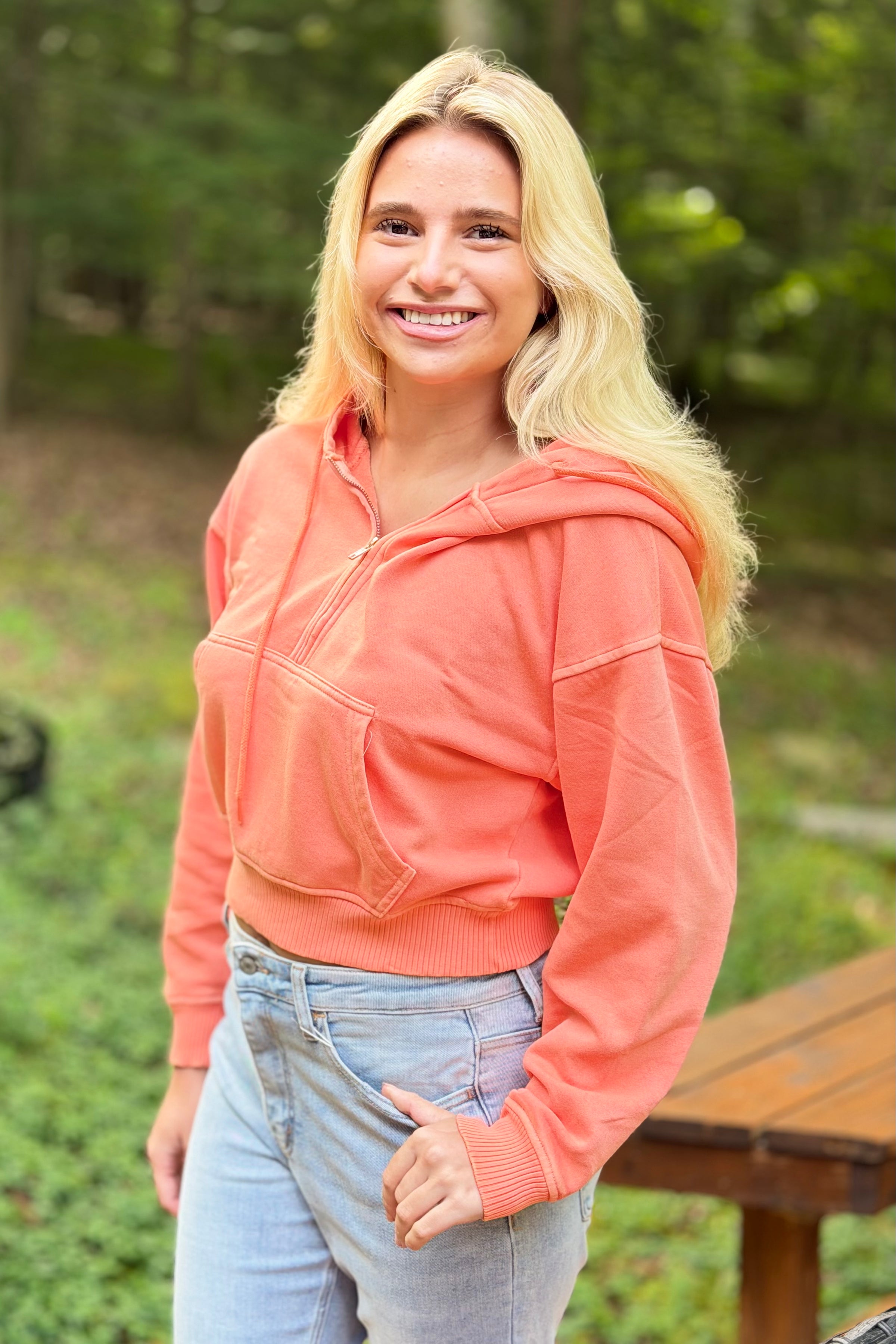 Half Zip Kangaroo Pocket Hoodie - Coral