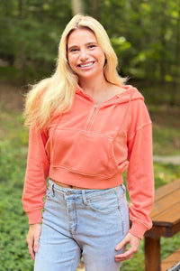 Half Zip Kangaroo Pocket Hoodie - Coral