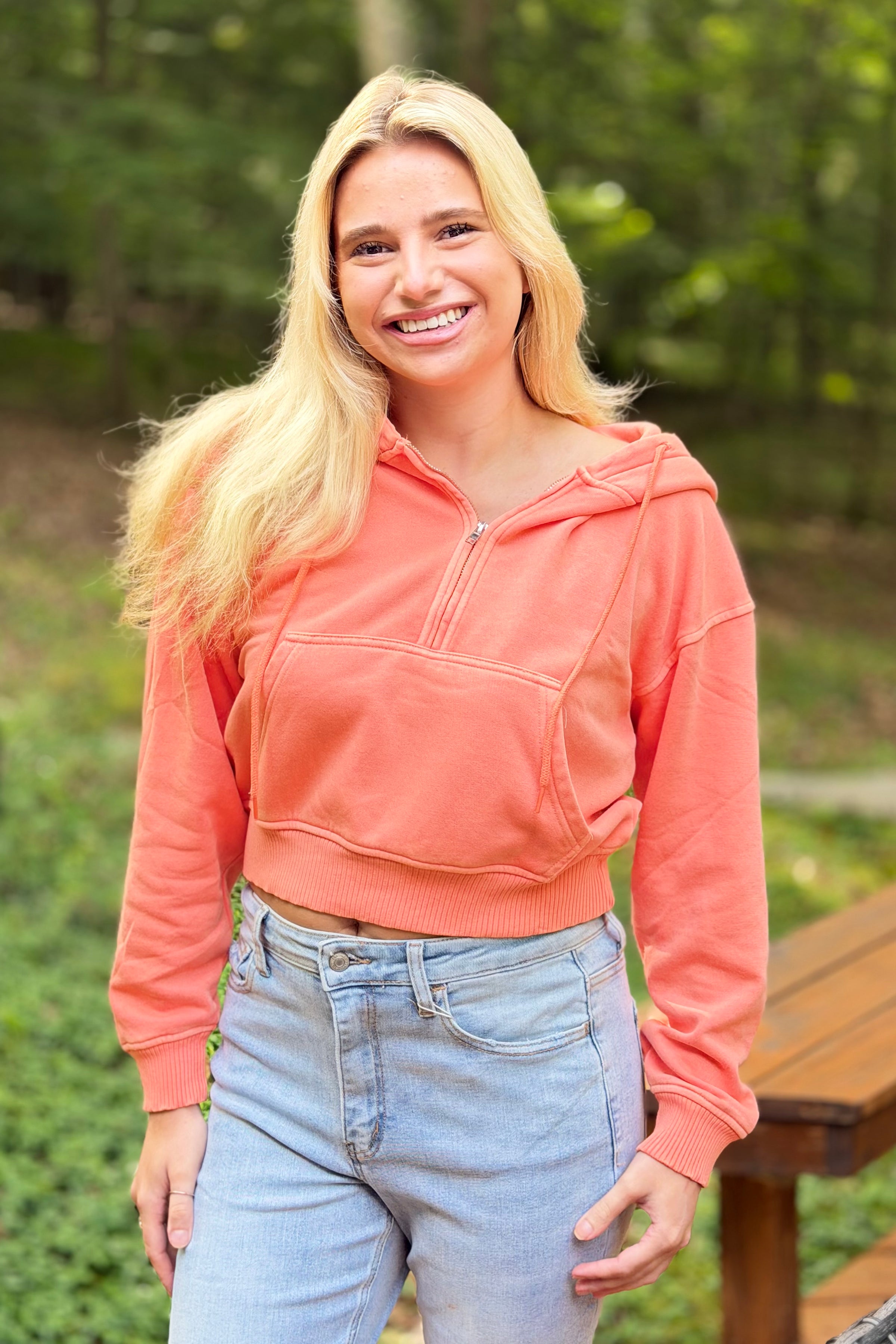 Half Zip Kangaroo Pocket Hoodie - Coral