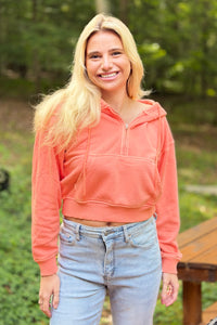 Half Zip Kangaroo Pocket Hoodie - Coral