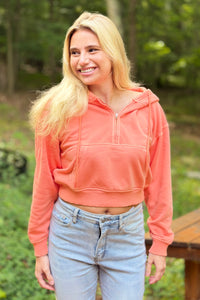 Half Zip Kangaroo Pocket Hoodie - Coral