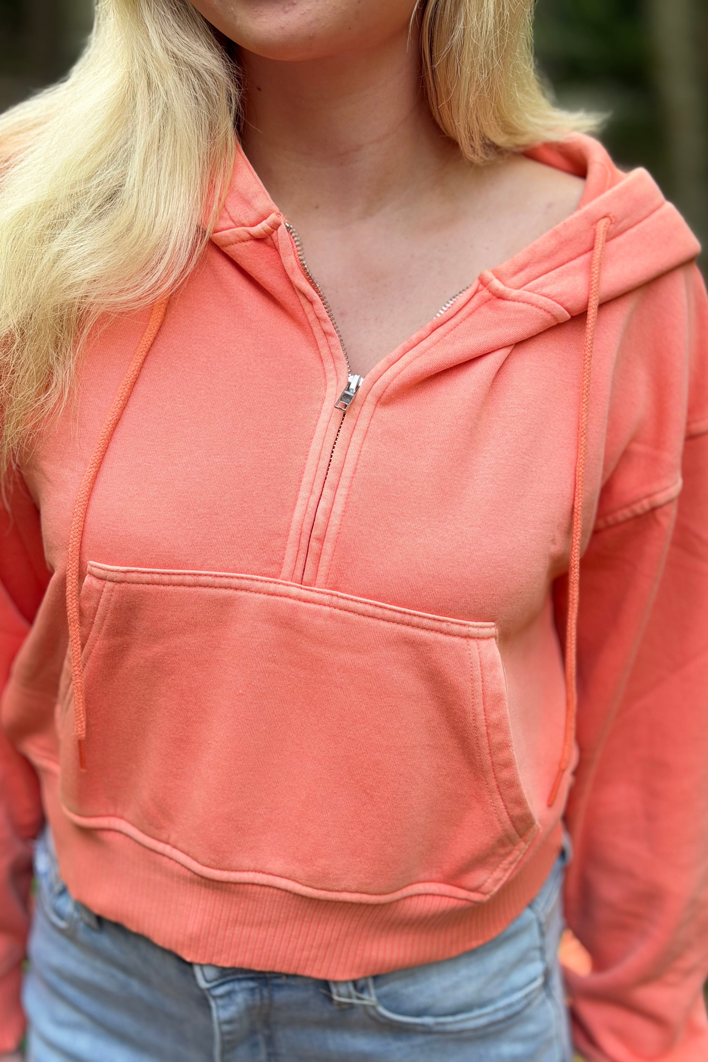 Half Zip Kangaroo Pocket Hoodie - Coral