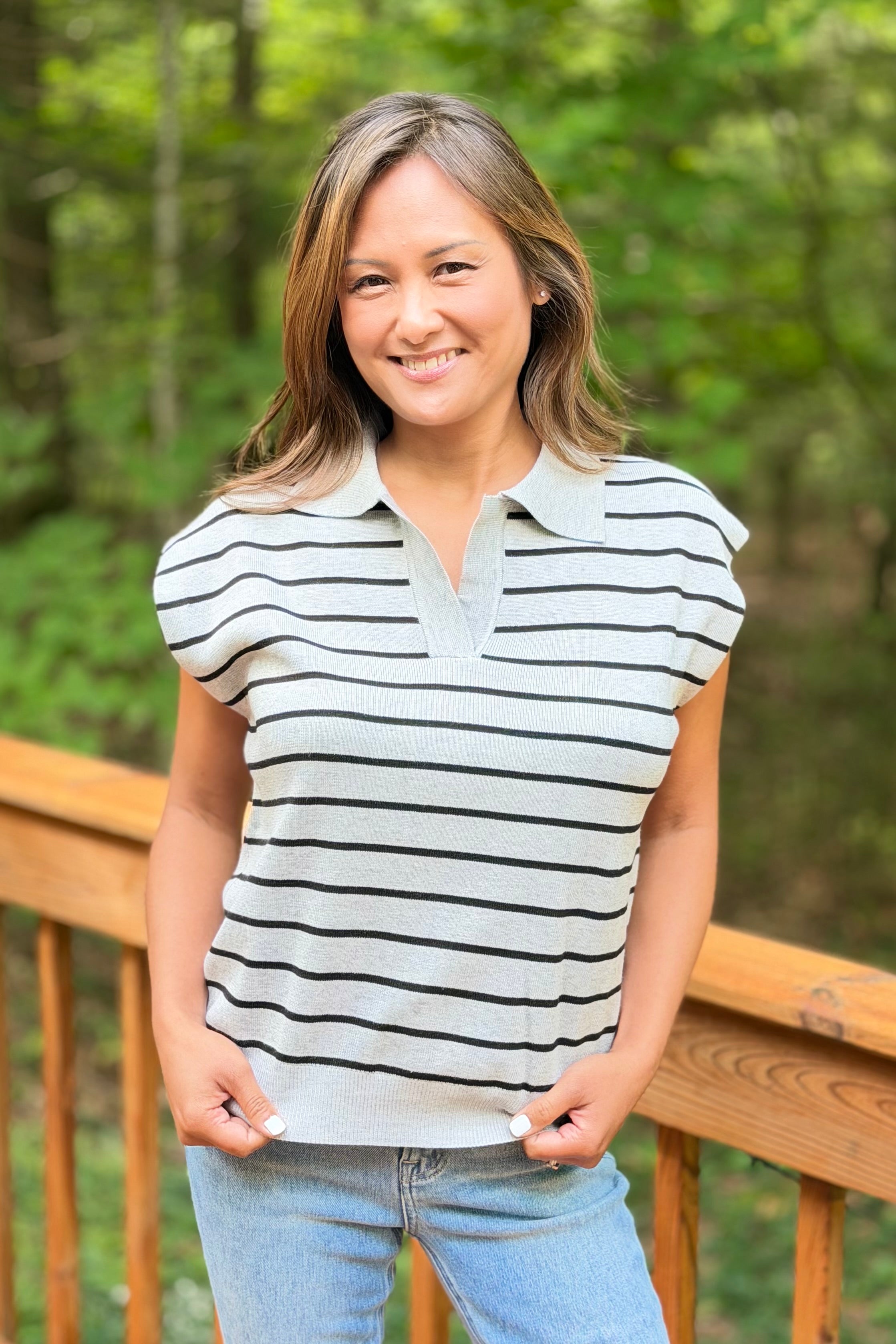 Striped Collared Sweater Vest - Grey