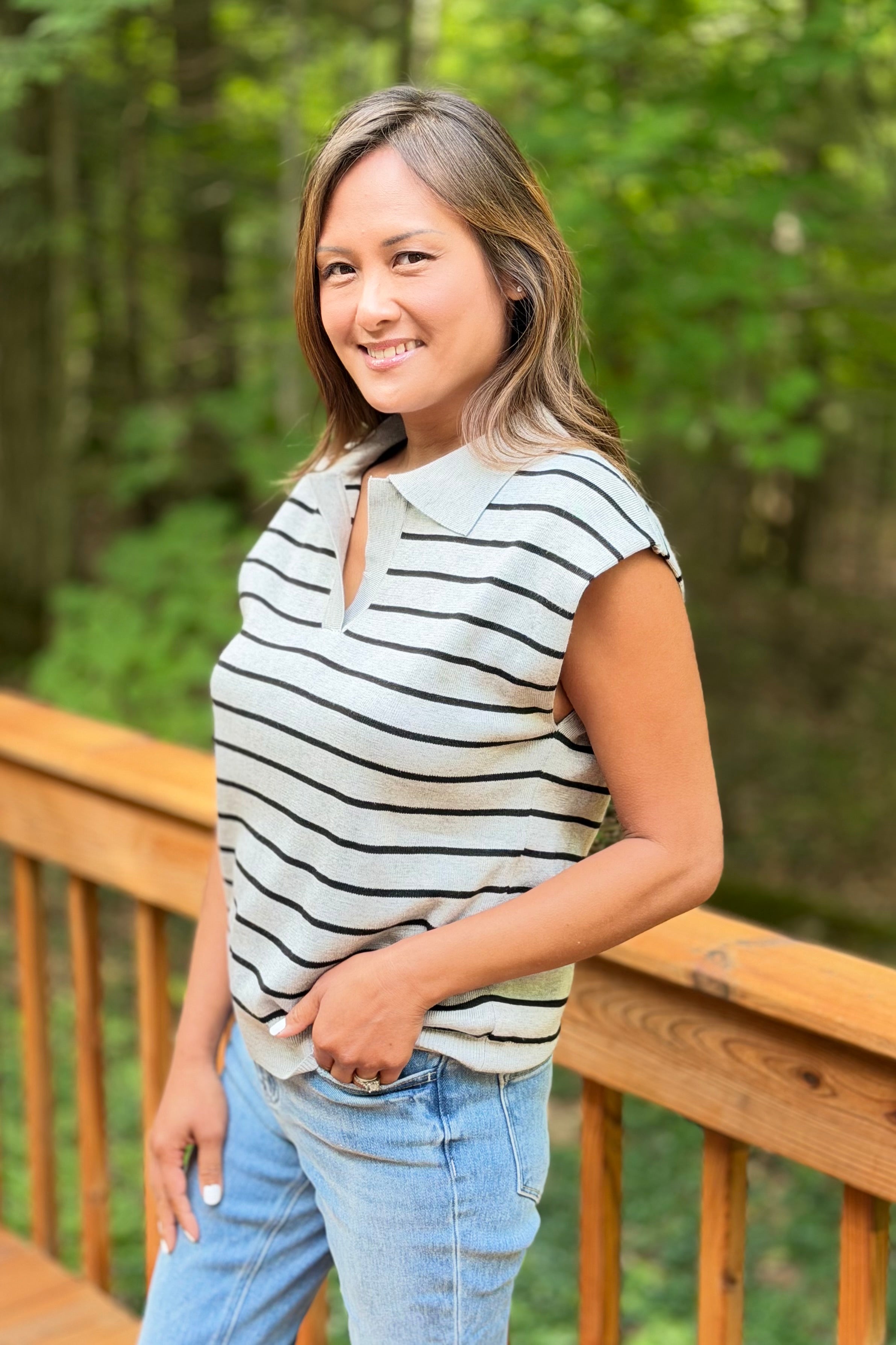 Striped Collared Sweater Vest - Grey