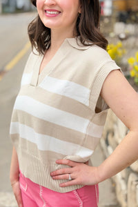 Stripe V-Neck Knit Top - Beige