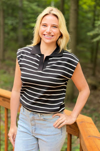 Striped Collared Sweater Vest - Black