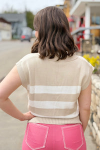 Stripe V-Neck Knit Top - Beige