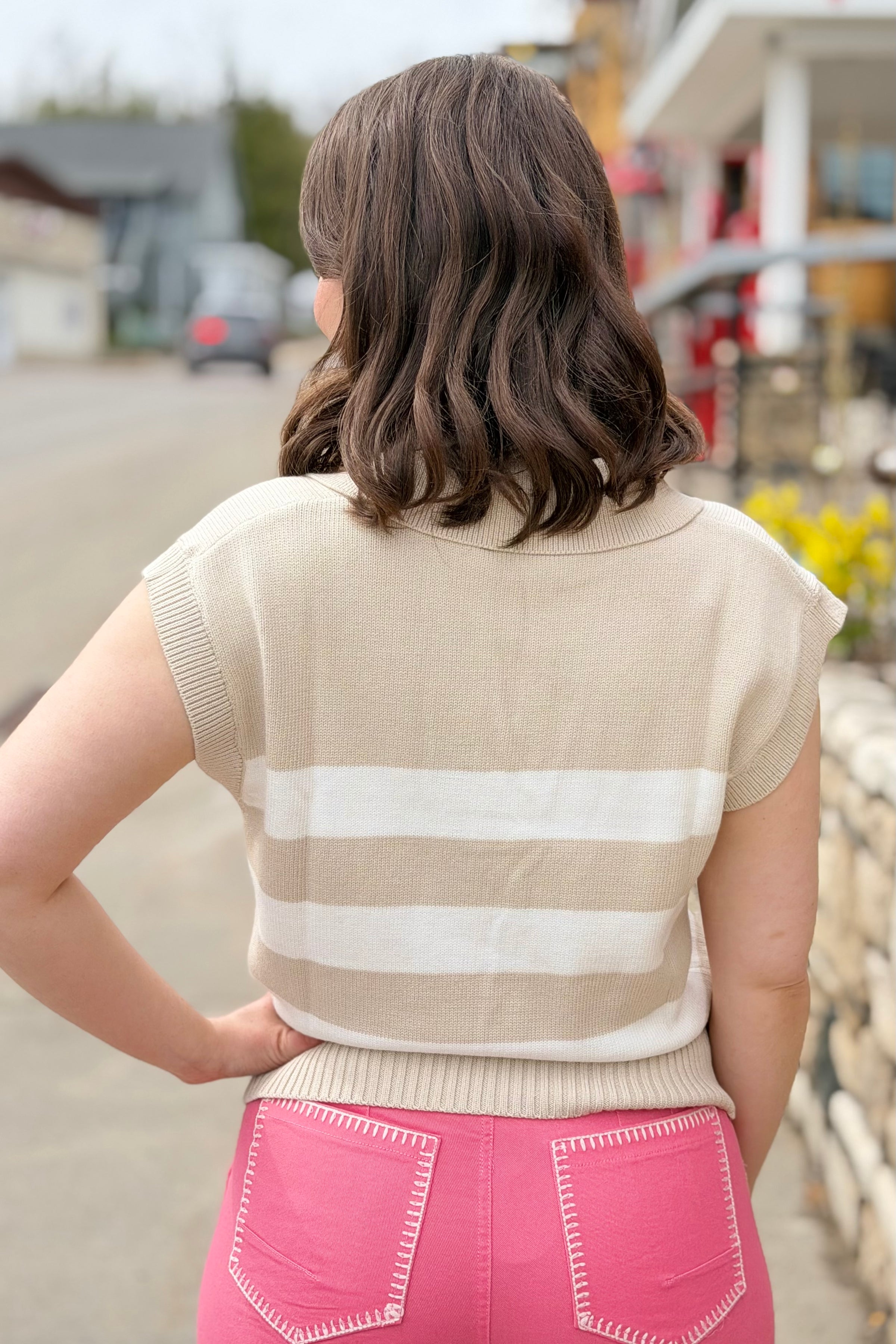 Stripe V-Neck Knit Top - Beige