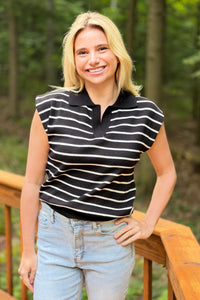 Striped Collared Sweater Vest - Black