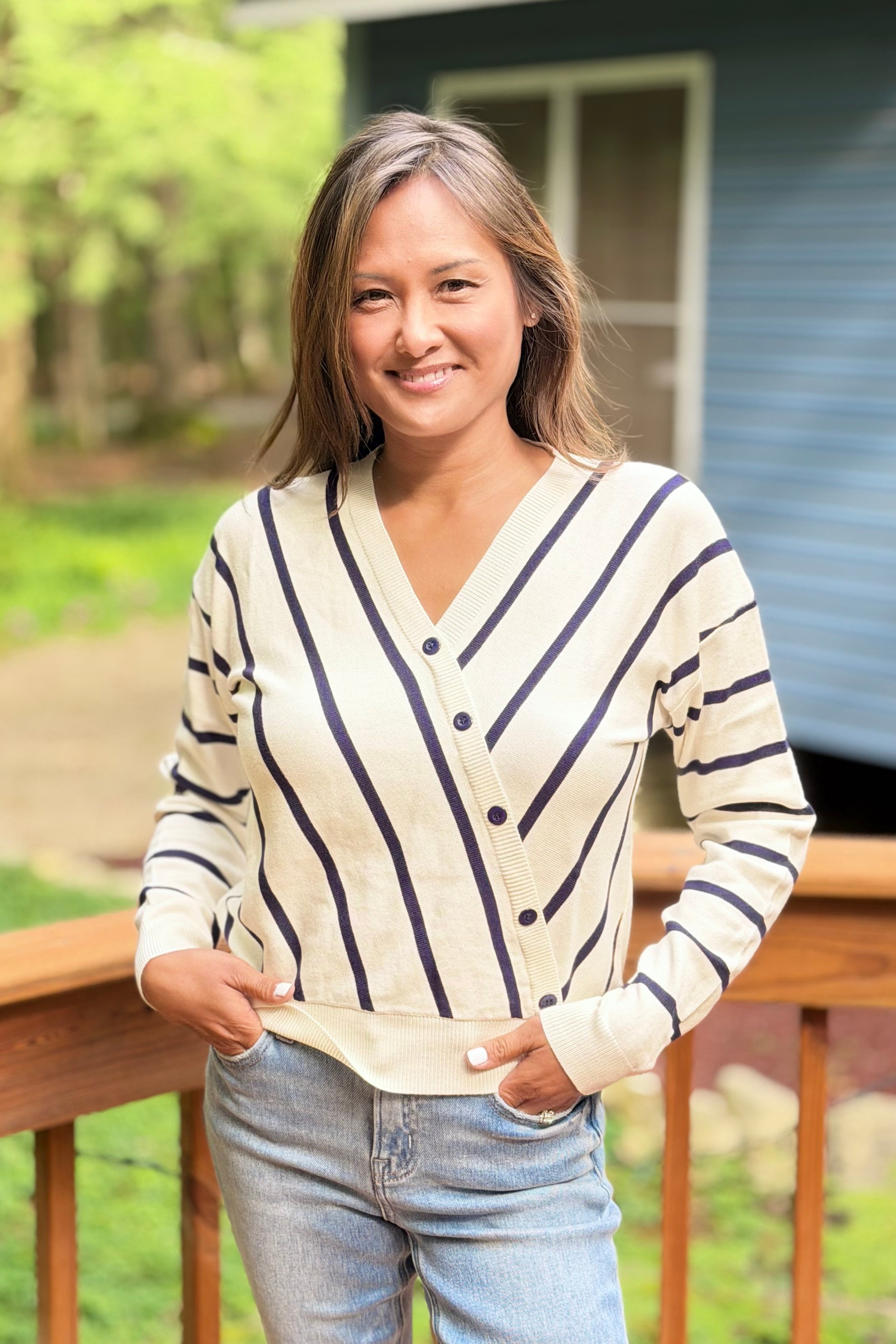 Elysia Knit Stripe Surplice Top - White