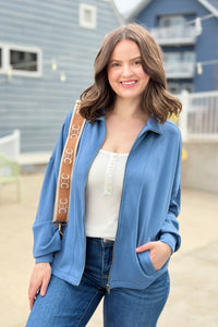 High Neck Zip-Up Jacket - Gray Blue