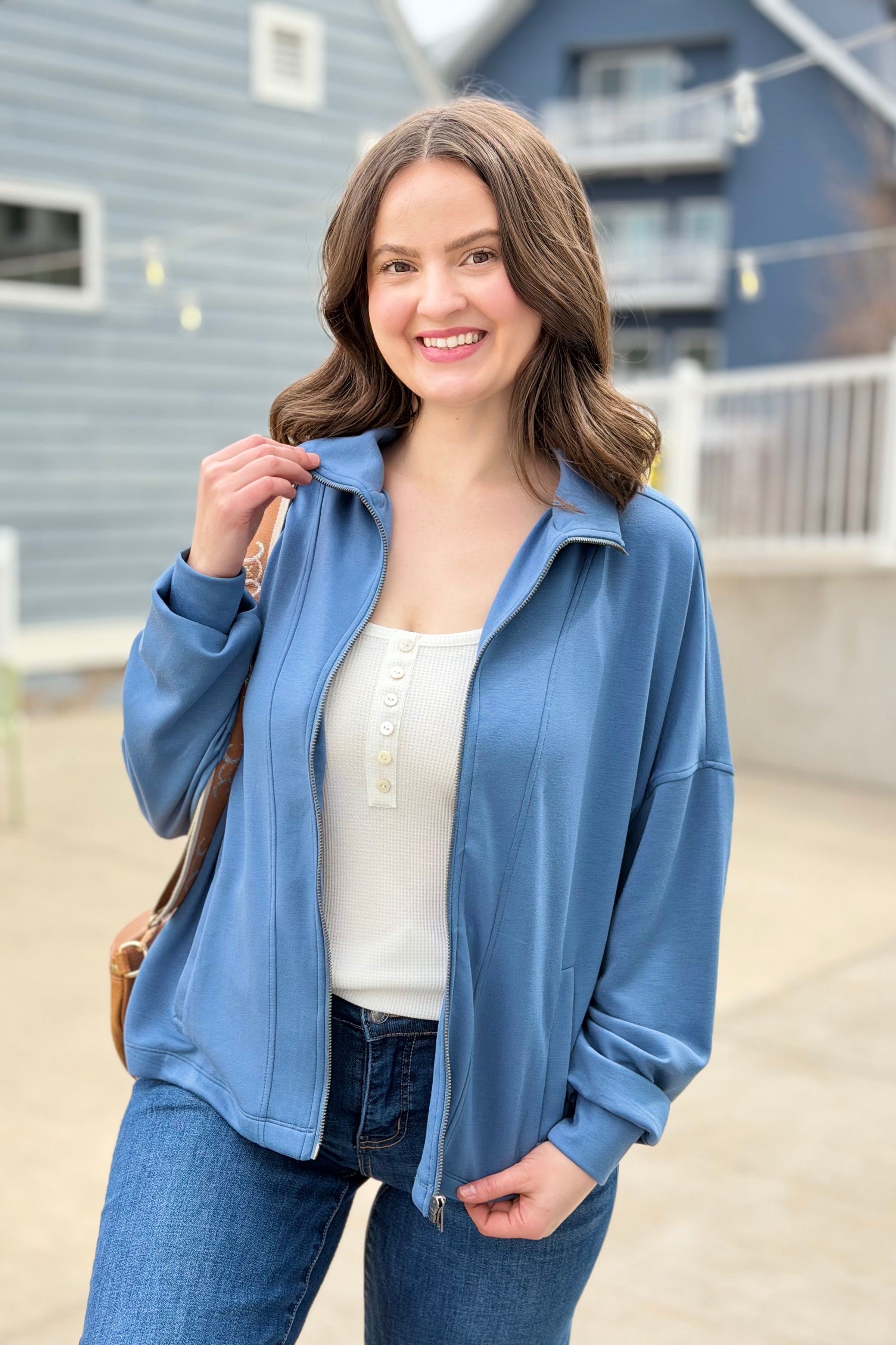 High Neck Zip-Up Jacket - Gray Blue