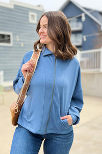 High Neck Zip-Up Jacket - Gray Blue