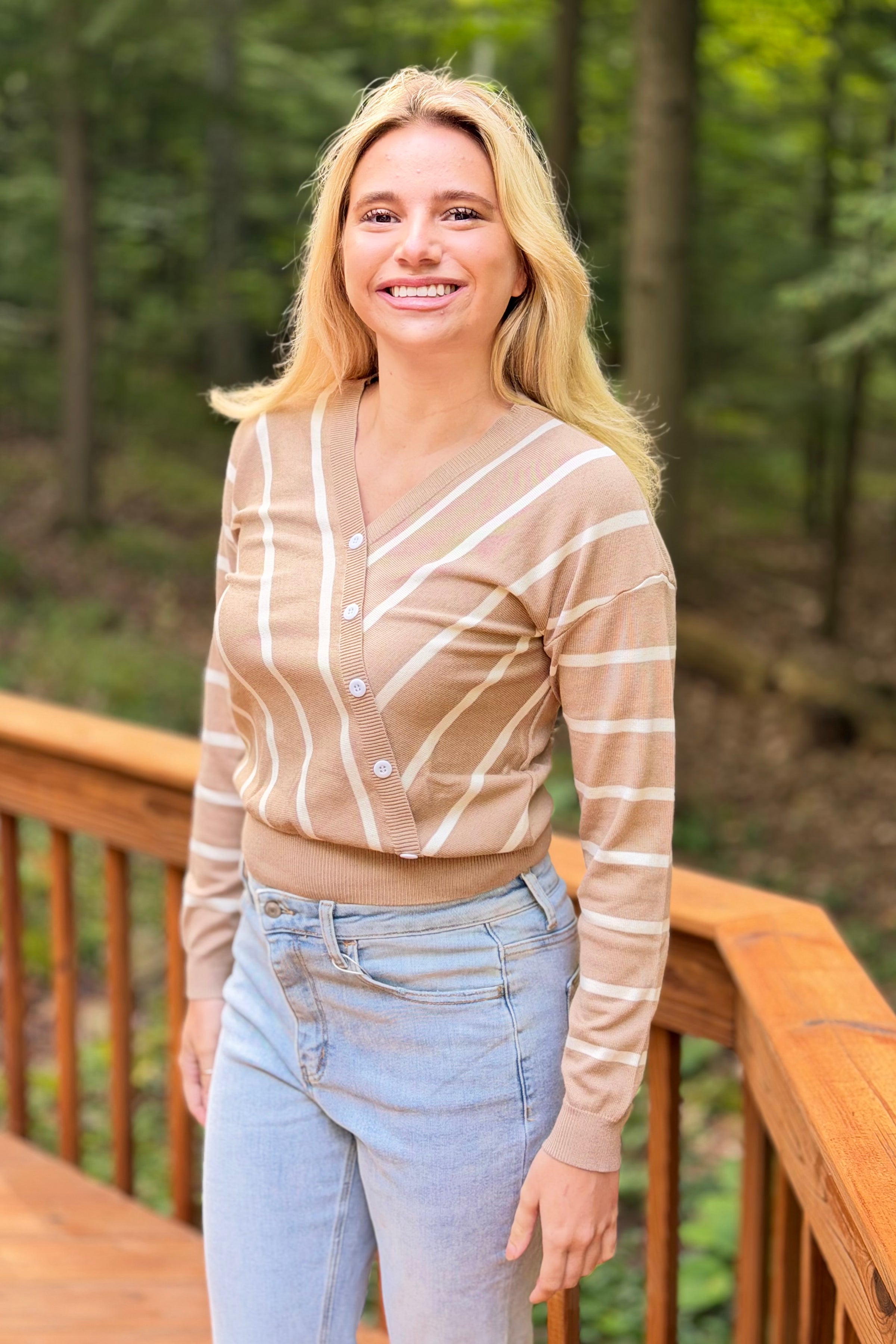 Elysia Knit Stripe Surplice Top - Beige