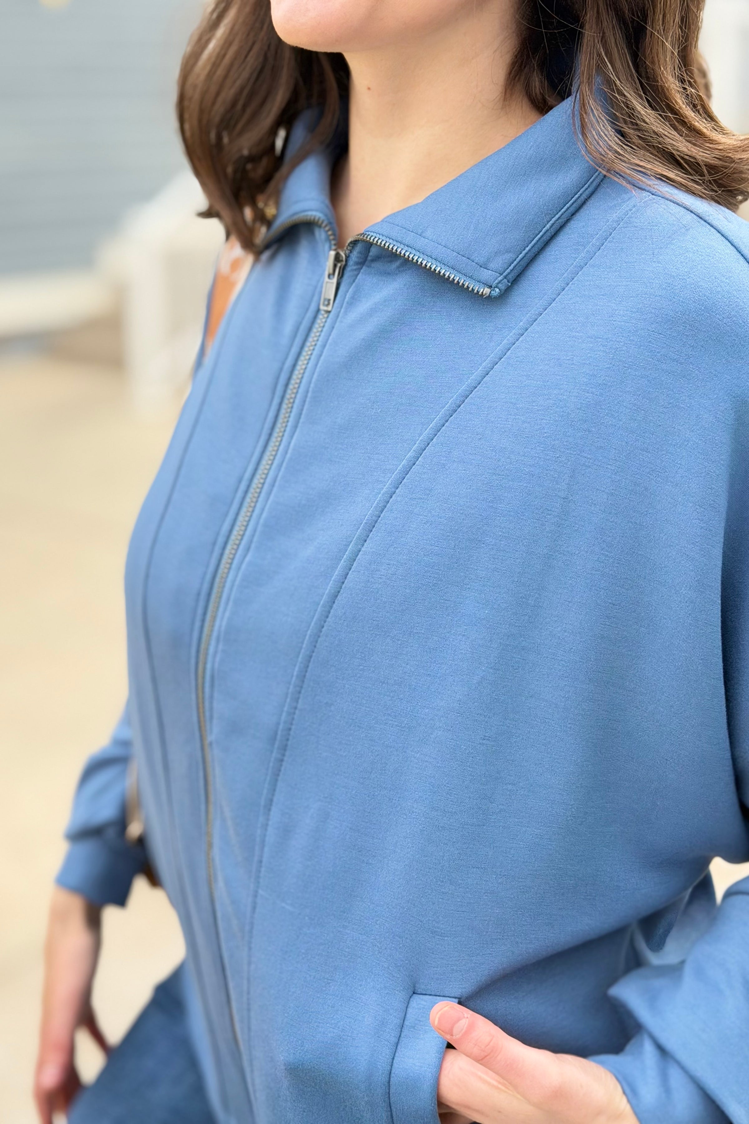 High Neck Zip-Up Jacket - Gray Blue
