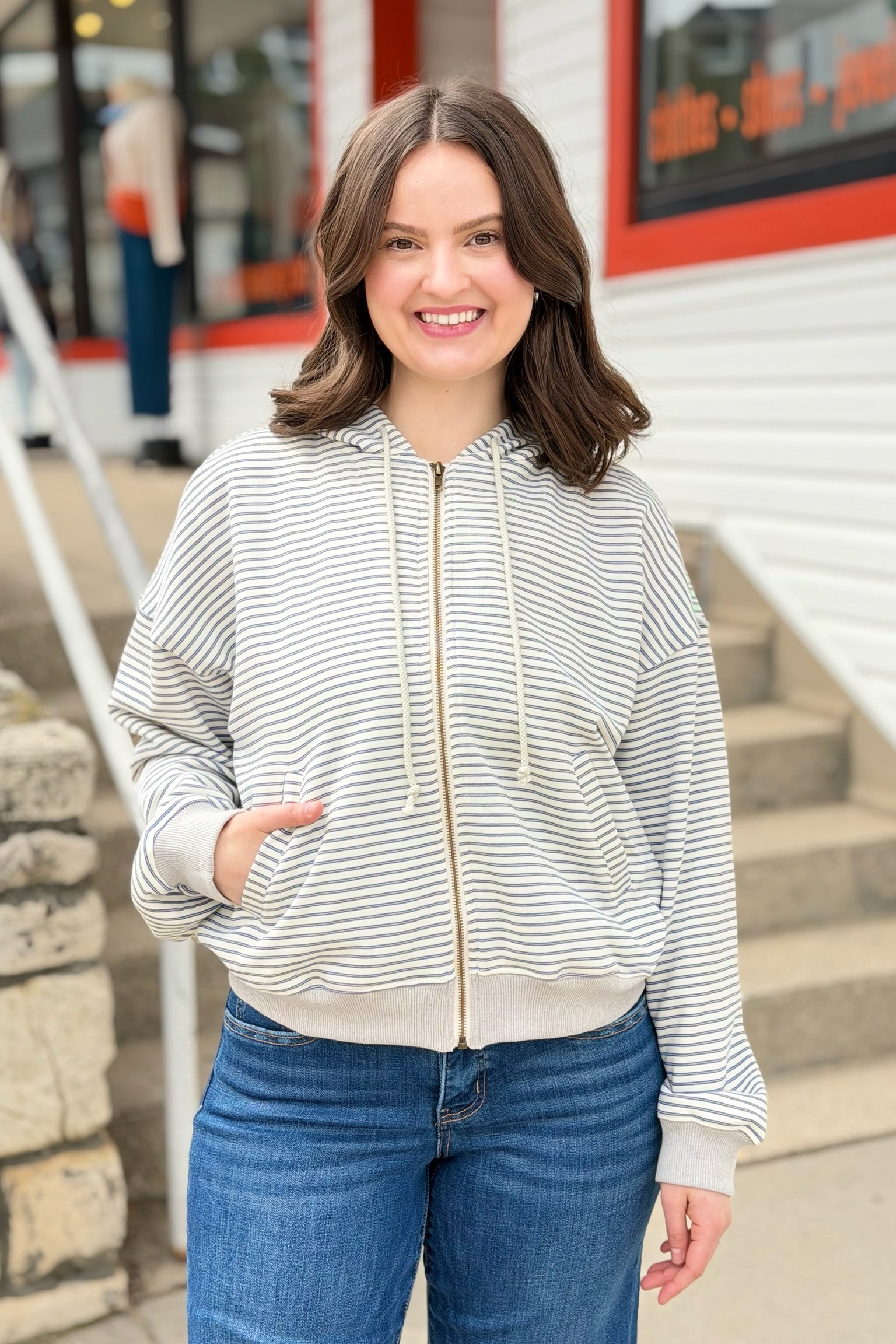 Striped Contrast Color Zip Hoodie