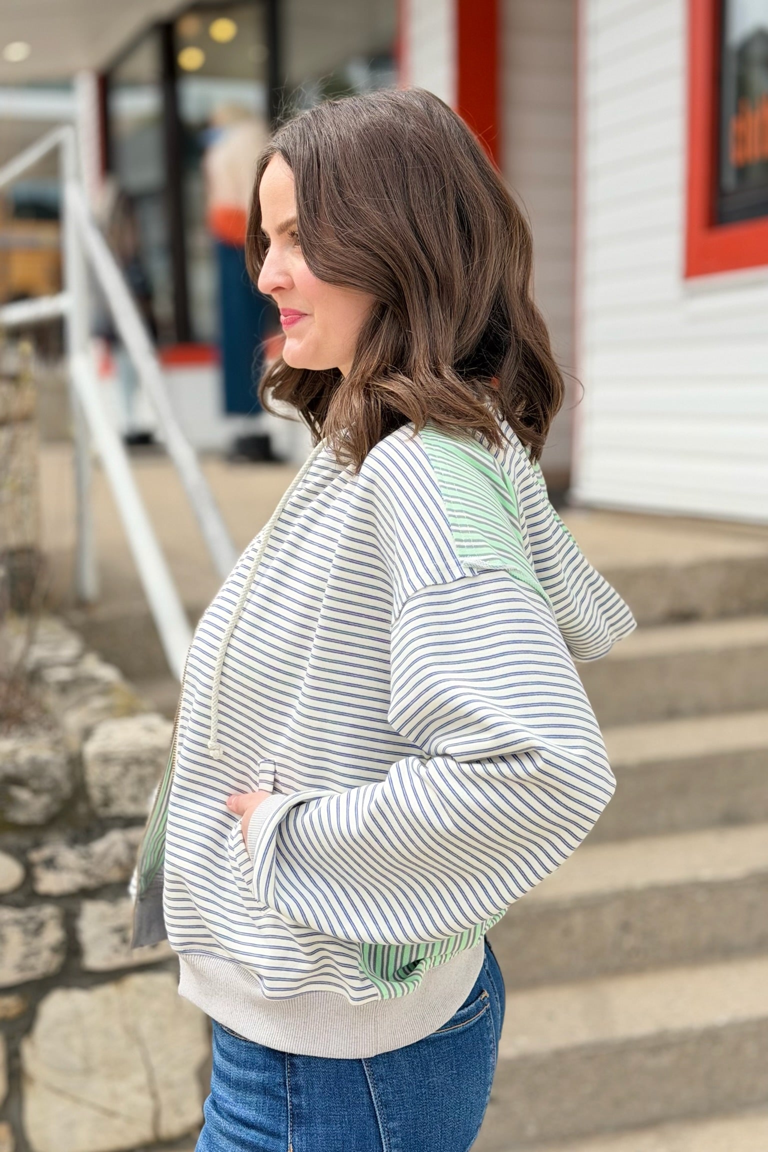 Striped Contrast Color Zip Hoodie