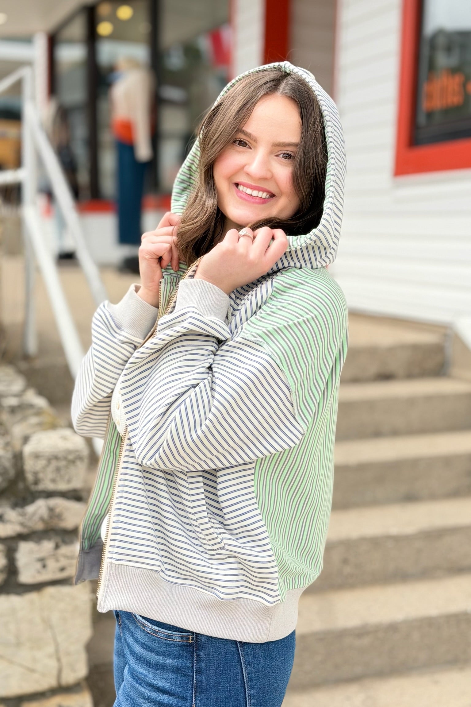 Striped Contrast Color Zip Hoodie