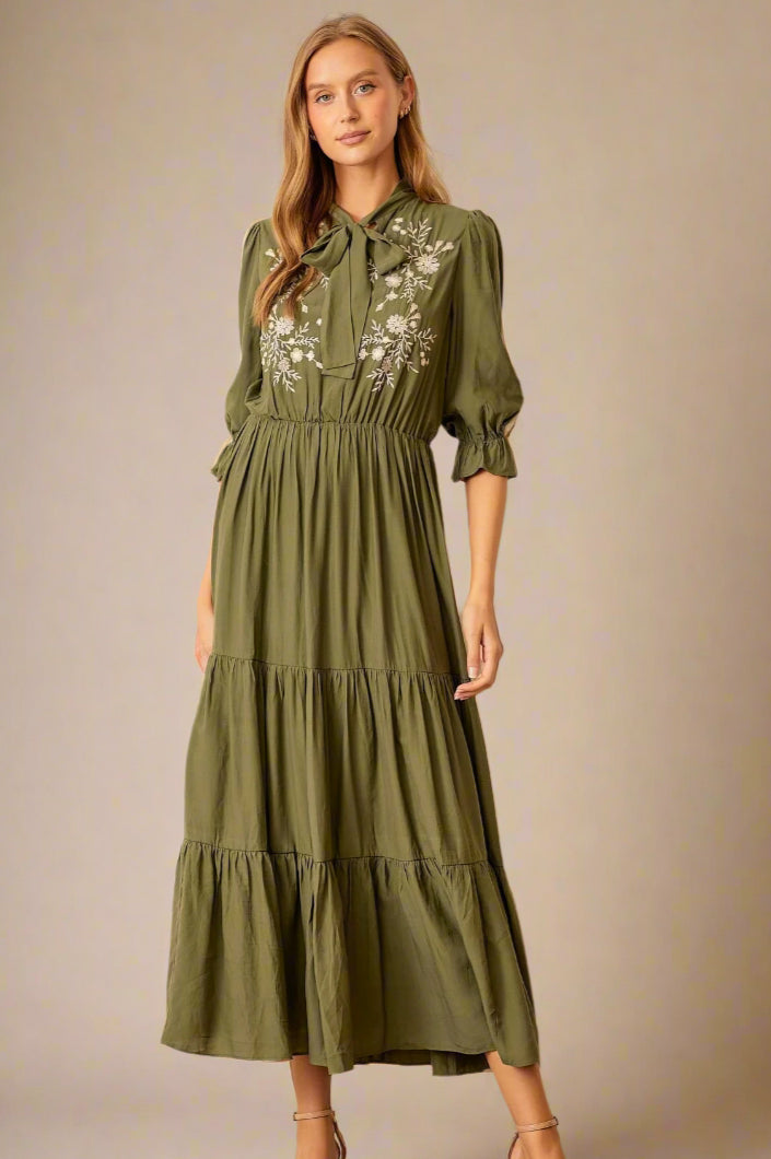Floral Tie Neck Tiered Dress - Olive Floral Tie Neck Tiered Dress - Olive
