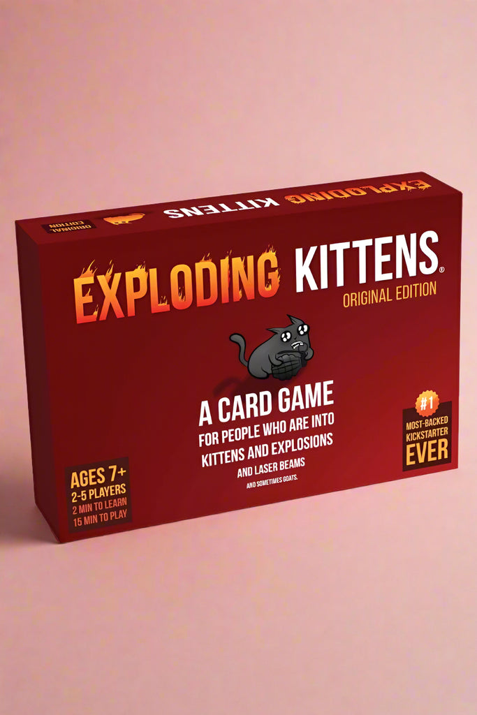 A game card game called Exploding Kittens. For ages 7 years+ and 2-5 players.