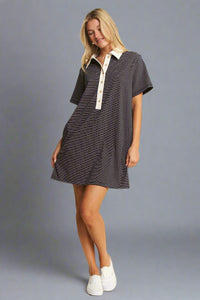 Pin Stripe Button Down Dress - Navy