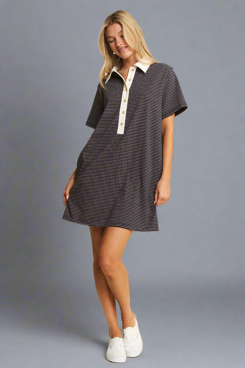 Pin Stripe Button Down Dress - Navy