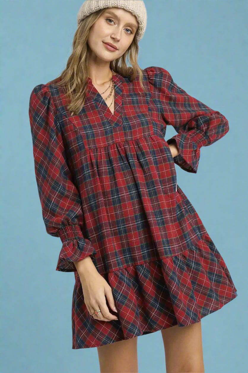 Mix Plaid Tiered Mini Dress