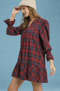 Mix Plaid Tiered Mini Dress - Red