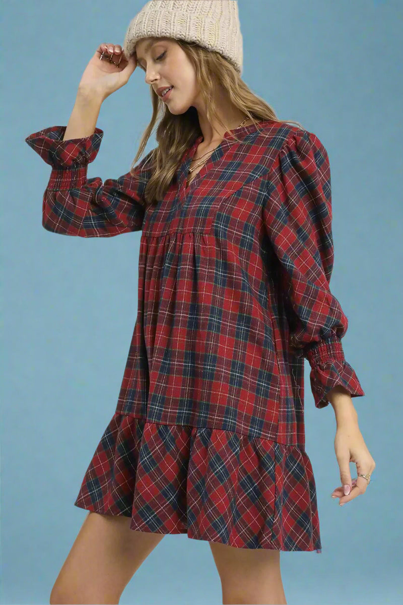 Mix Plaid Tiered Mini Dress - Red
