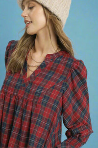 Mix Plaid Tiered Mini Dress - Red