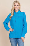 Collared Pleated Detail Blouse Blue