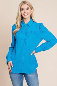 Collared Pleated Detail Blouse Blue