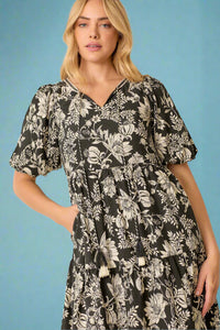 Printed Floral Midi Dress - Black