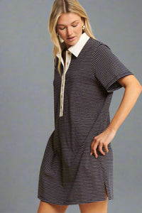 Pin Stripe Button Down Dress - Navy