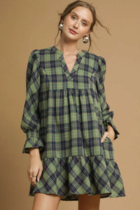 Mix Plaid Tiered Mini Dress - Sage